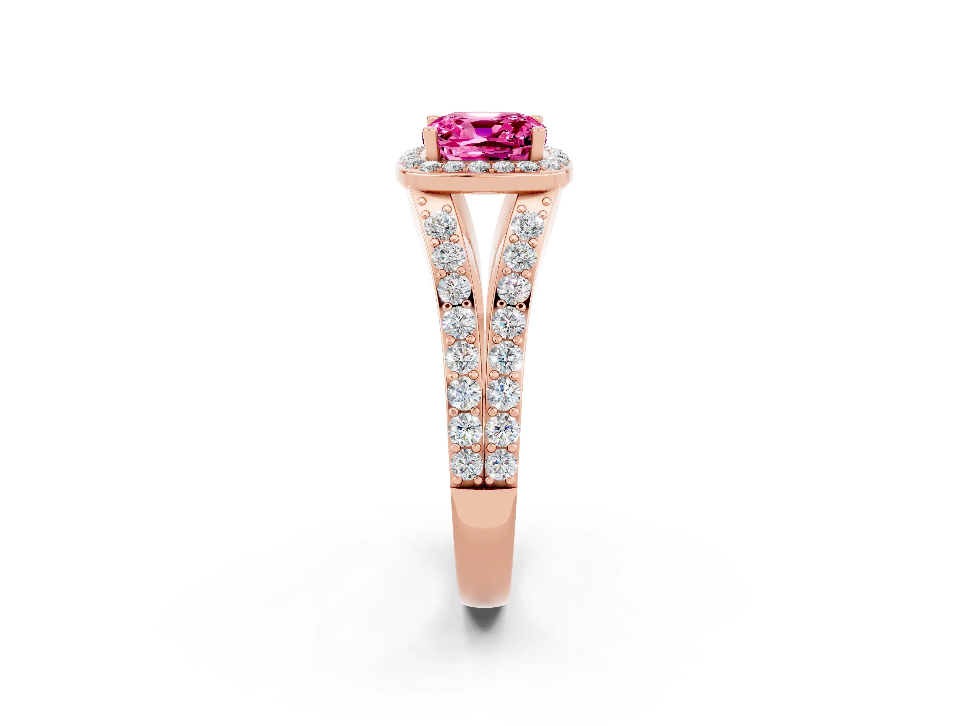 Rose gold Cushion Cut Pink Sapphire Split Shank Halo Ring with Four-Prong Setting_14