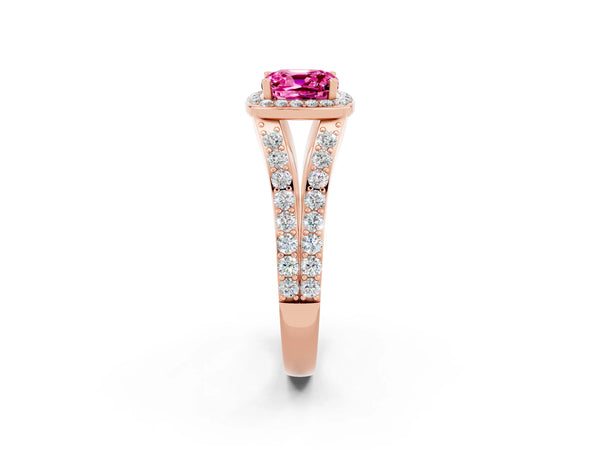 Rose gold Cushion Cut Pink Sapphire Split Shank Halo Ring with Four-Prong Setting