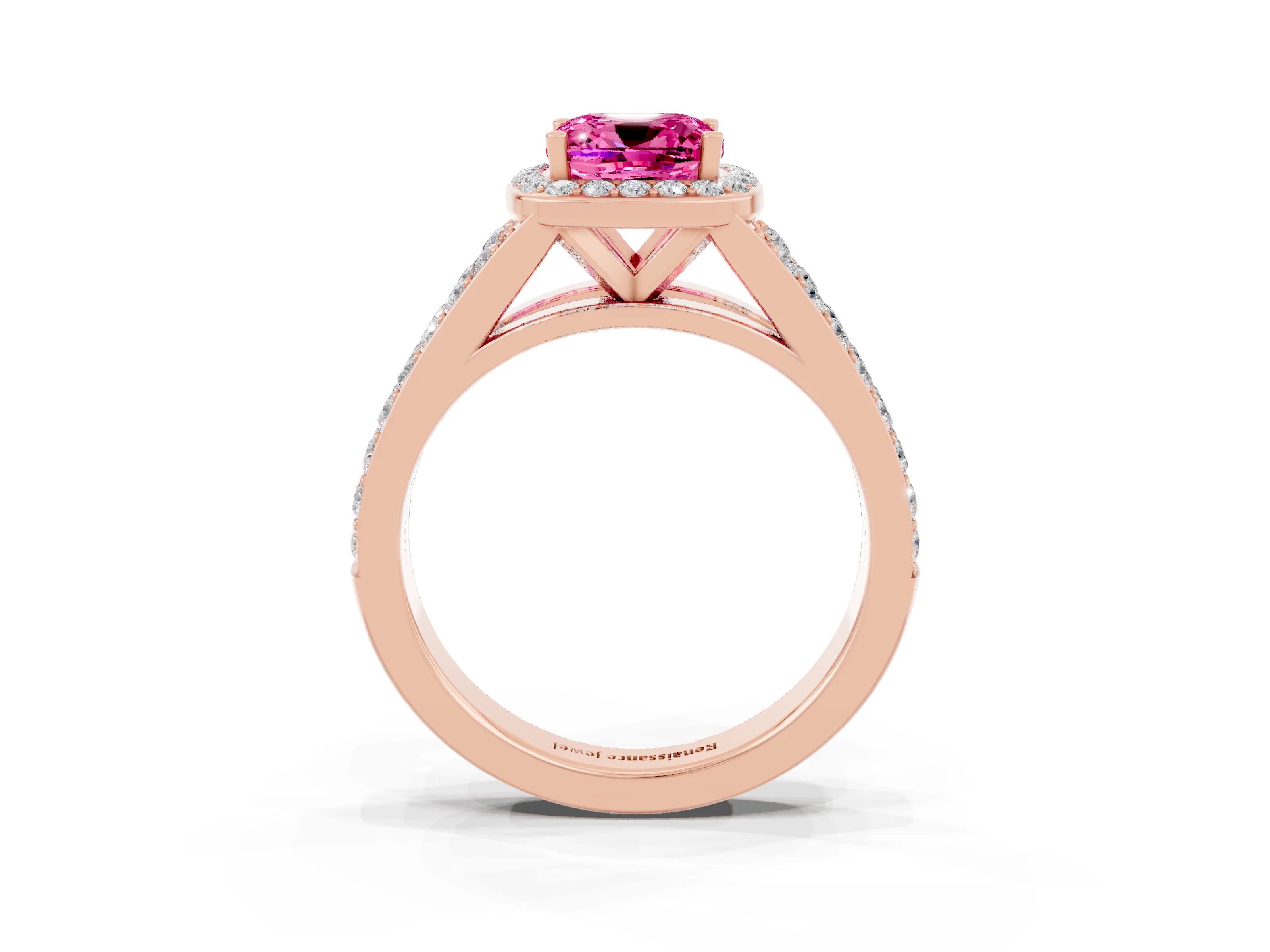 Rose gold Cushion Cut Pink Sapphire Split Shank Halo Ring with Four-Prong Setting_15