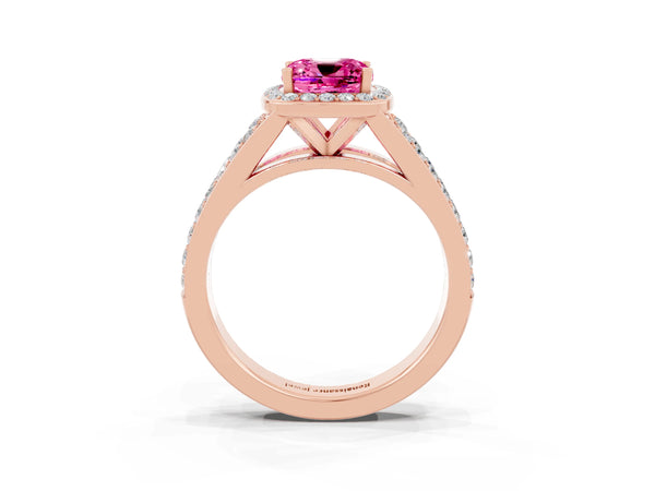 Rose gold Cushion Cut Pink Sapphire Split Shank Halo Ring with Four-Prong Setting