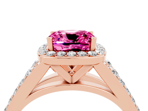 Rose gold Cushion Cut Pink Sapphire Split Shank Halo Ring with Four-Prong Setting_16
