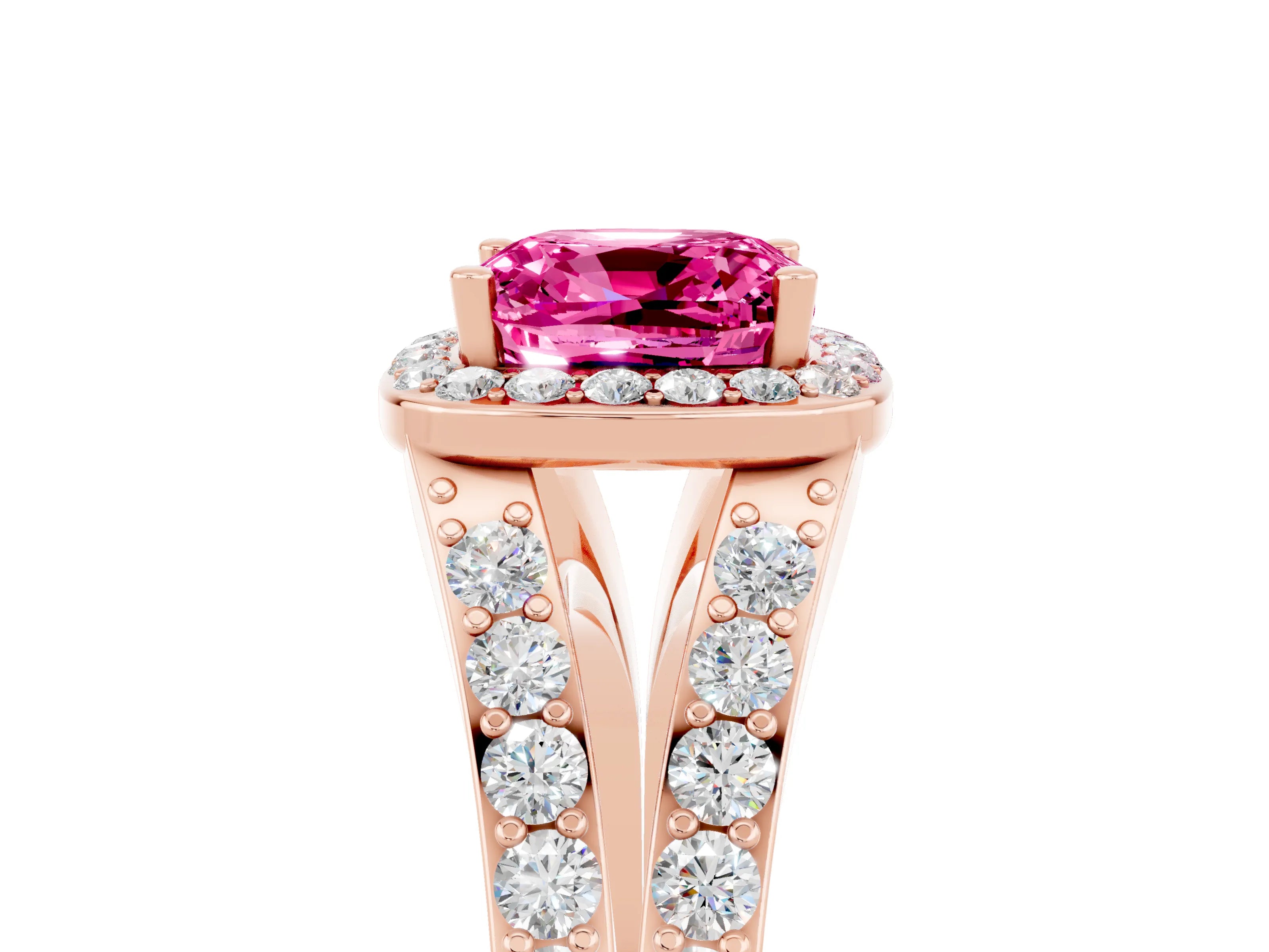 Rose gold Cushion Cut Pink Sapphire Split Shank Halo Ring with Four-Prong Setting_17