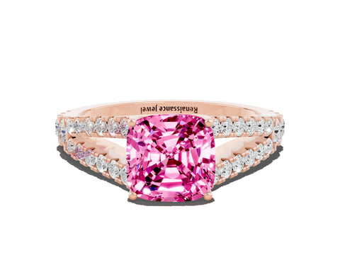 Rose gold Cushion Cut Pink Sapphire Split Shank Pavé Engagement Ring with Four-Prong Setting_12