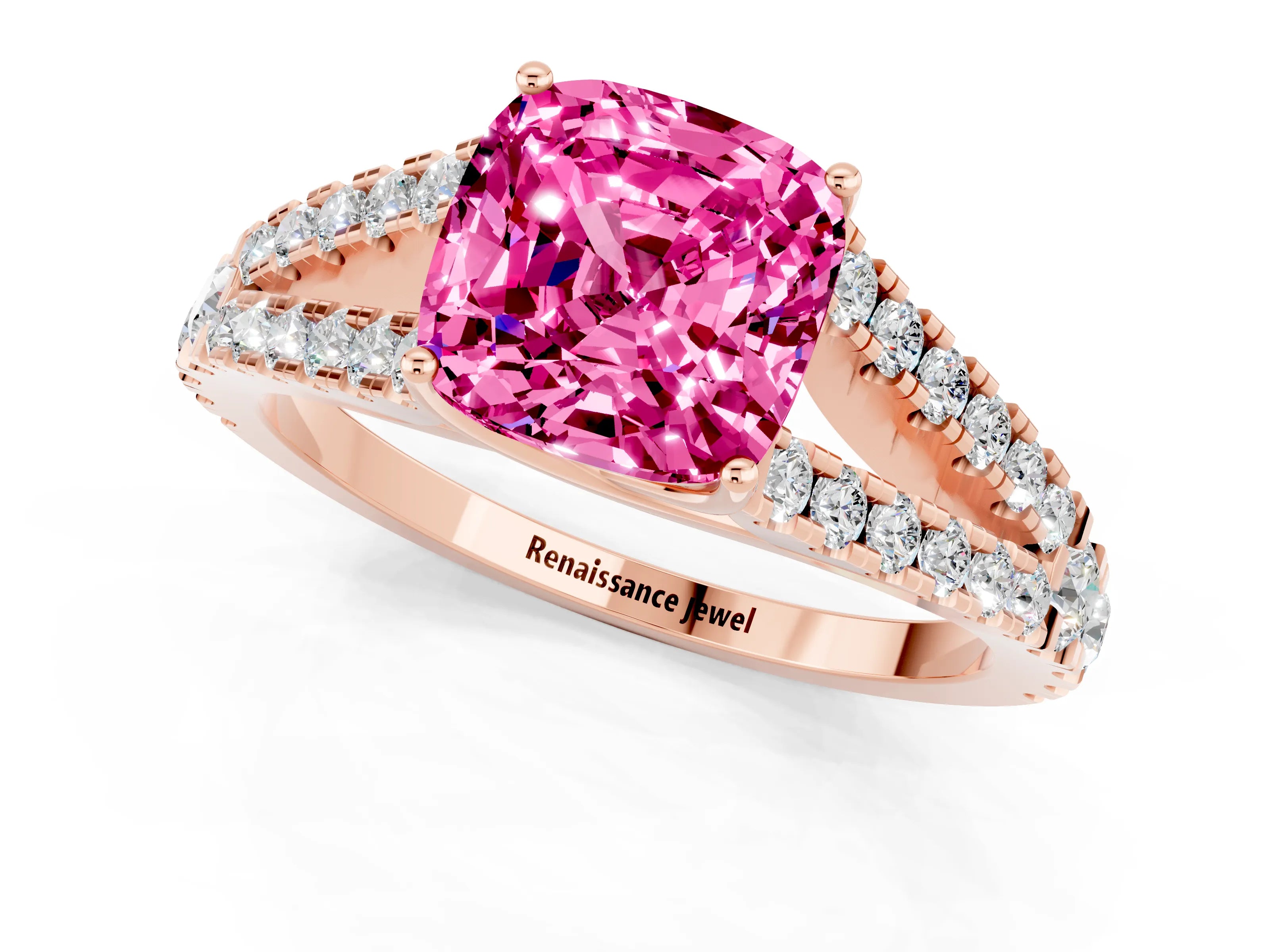 Rose gold Cushion Cut Pink Sapphire Split Shank Pavé Engagement Ring with Four-Prong Setting_13