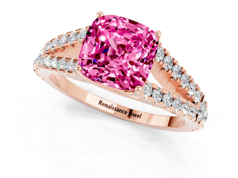 Rose gold Cushion Cut Pink Sapphire Split Shank Pavé Engagement Ring with Four-Prong Setting_13