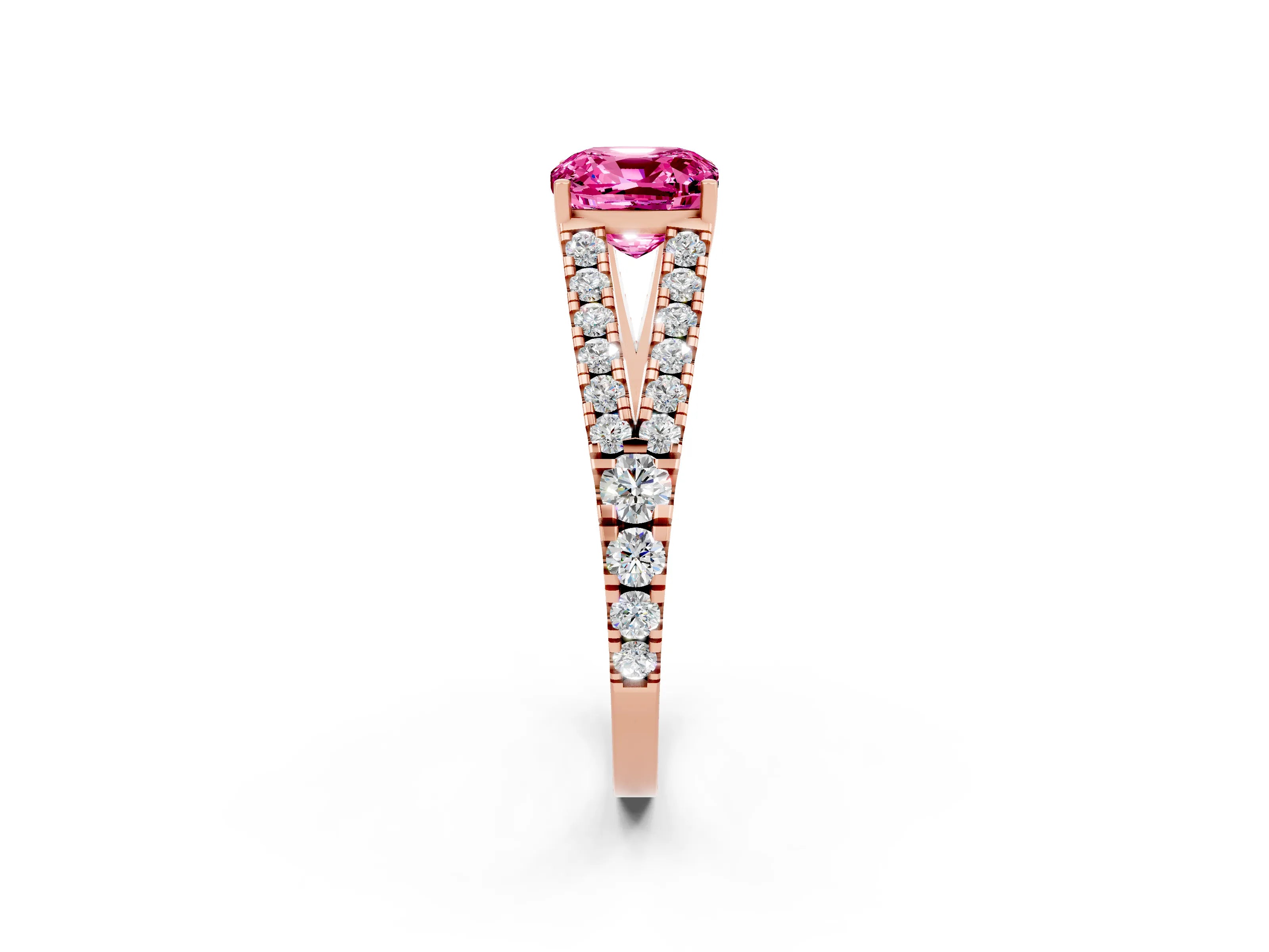 Rose gold Cushion Cut Pink Sapphire Split Shank Pavé Engagement Ring with Four-Prong Setting_14