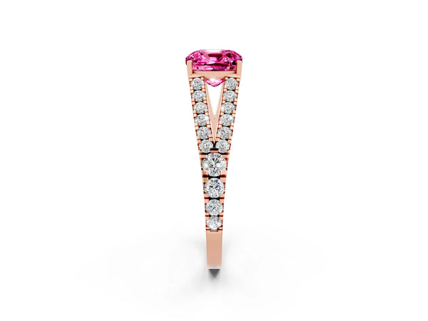 Rose gold Cushion Cut Pink Sapphire Split Shank Pavé Engagement Ring with Four-Prong Setting
