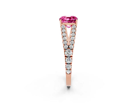 Rose gold Cushion Cut Pink Sapphire Split Shank Pavé Engagement Ring with Four-Prong Setting_14