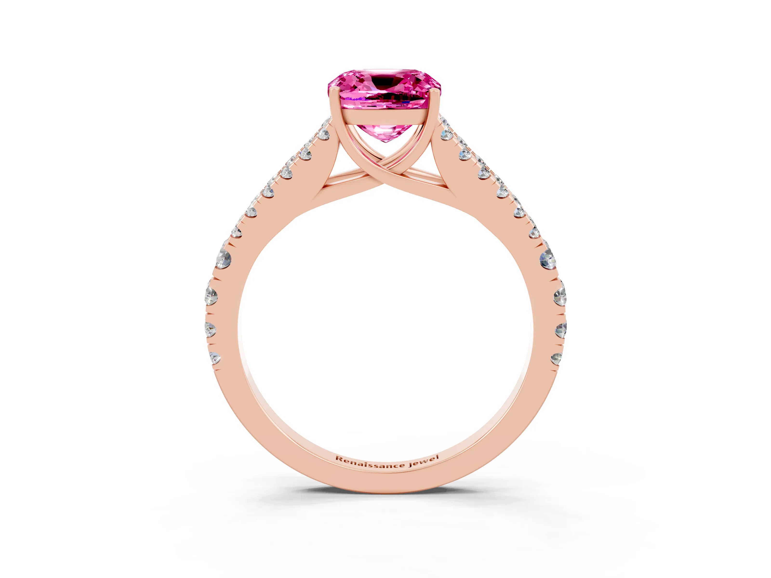 Rose gold Cushion Cut Pink Sapphire Split Shank Pavé Engagement Ring with Four-Prong Setting_15