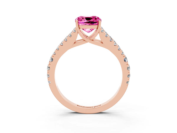 Rose gold Cushion Cut Pink Sapphire Split Shank Pavé Engagement Ring with Four-Prong Setting