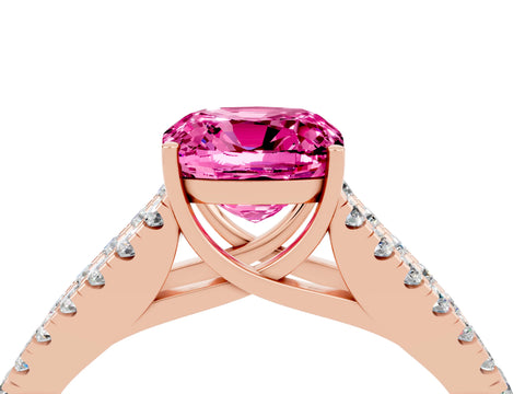 Rose gold Cushion Cut Pink Sapphire Split Shank Pavé Engagement Ring with Four-Prong Setting_16