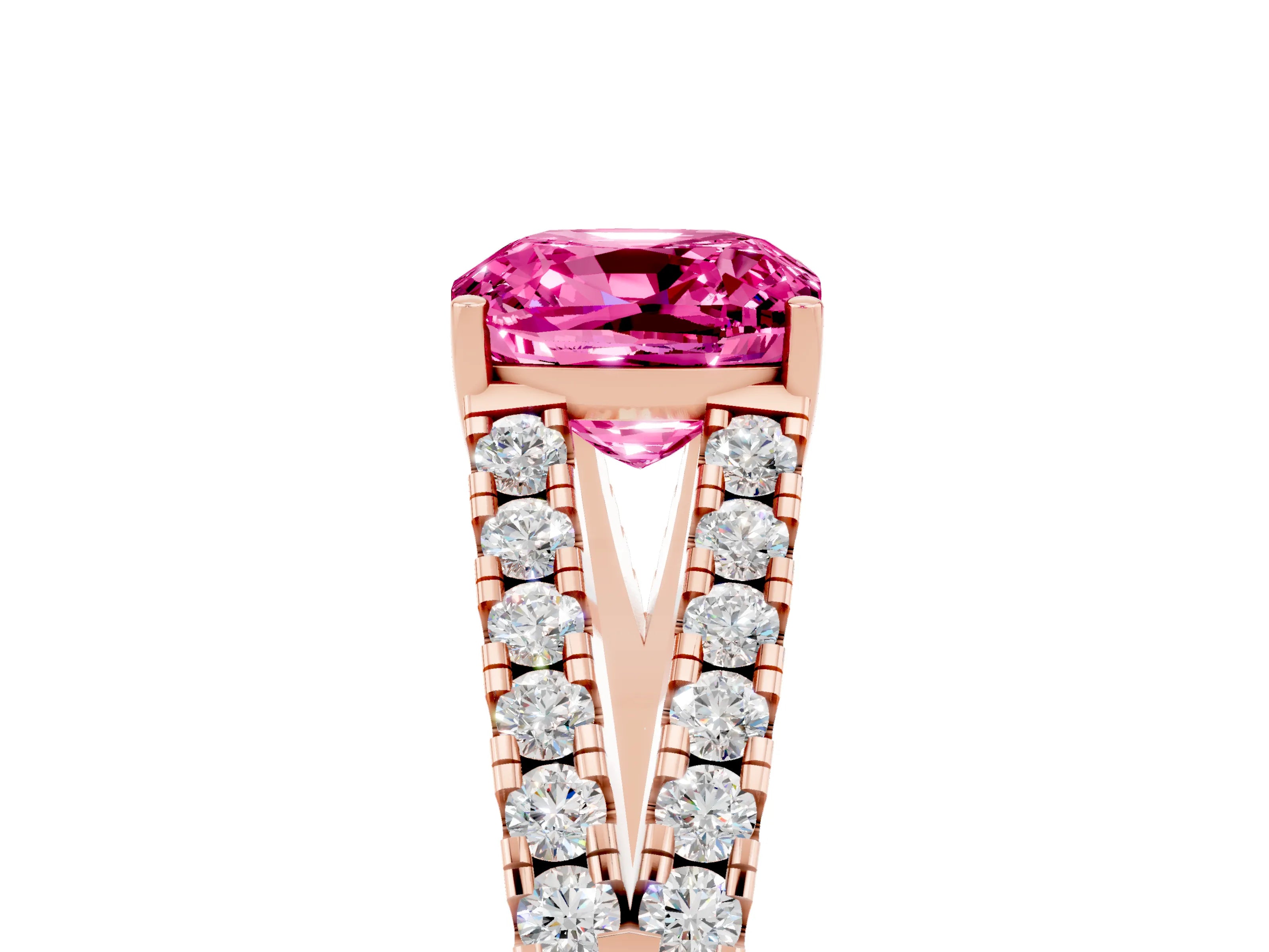 Rose gold Cushion Cut Pink Sapphire Split Shank Pavé Engagement Ring with Four-Prong Setting_17