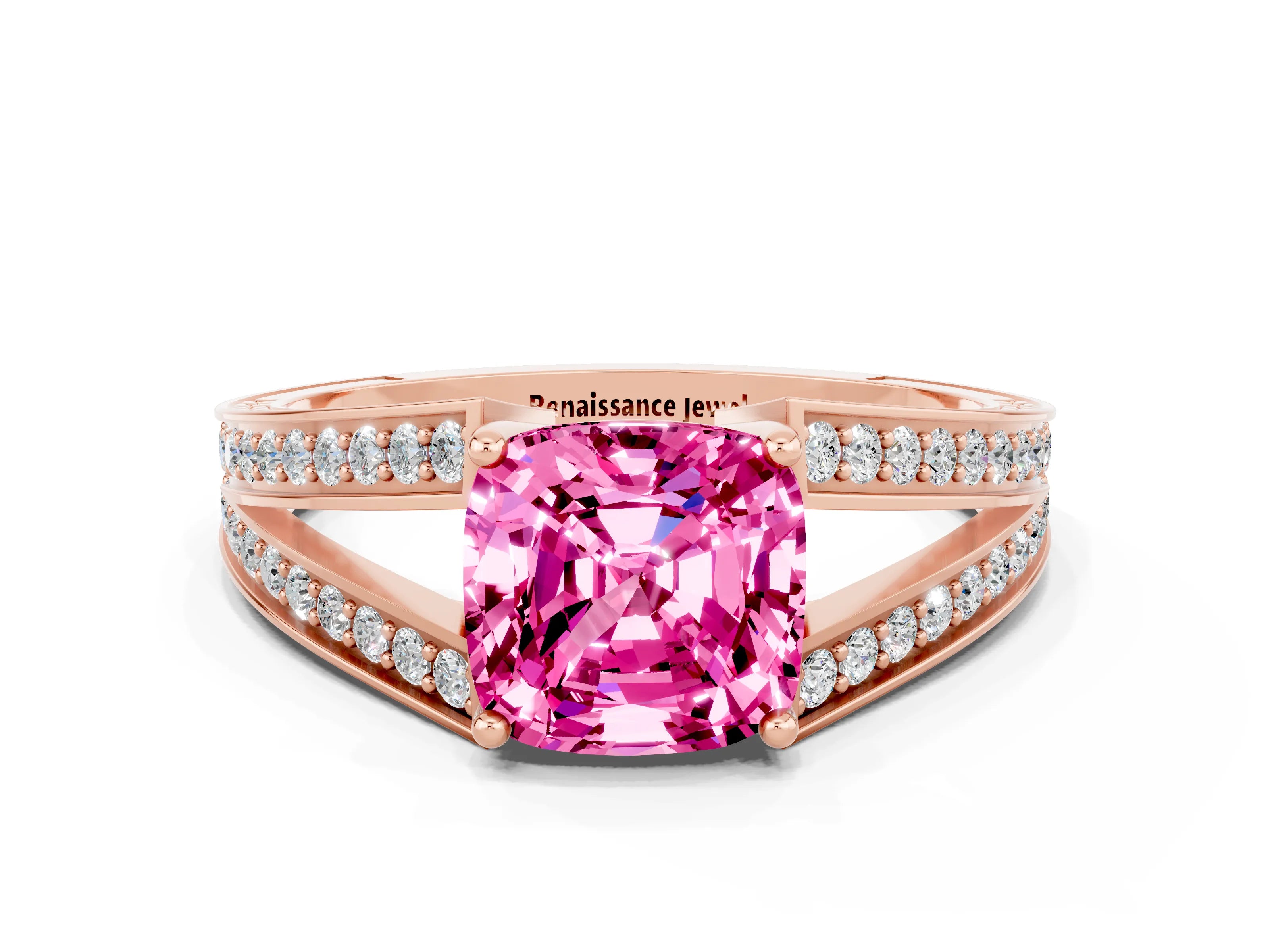 Rose gold Cushion Cut Pink Sapphire Split Shank Ring with Pavé Band and Four-Prong Setting