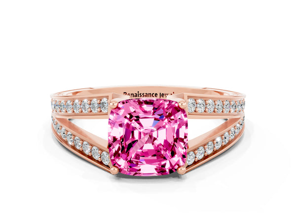 Rose gold Cushion Cut Pink Sapphire Split Shank Ring with Pavé Band and Four-Prong Setting