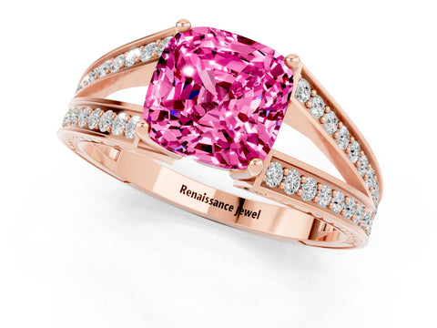 Rose gold Cushion Cut Pink Sapphire Split Shank Ring with Pavé Band and Four-Prong Setting_1