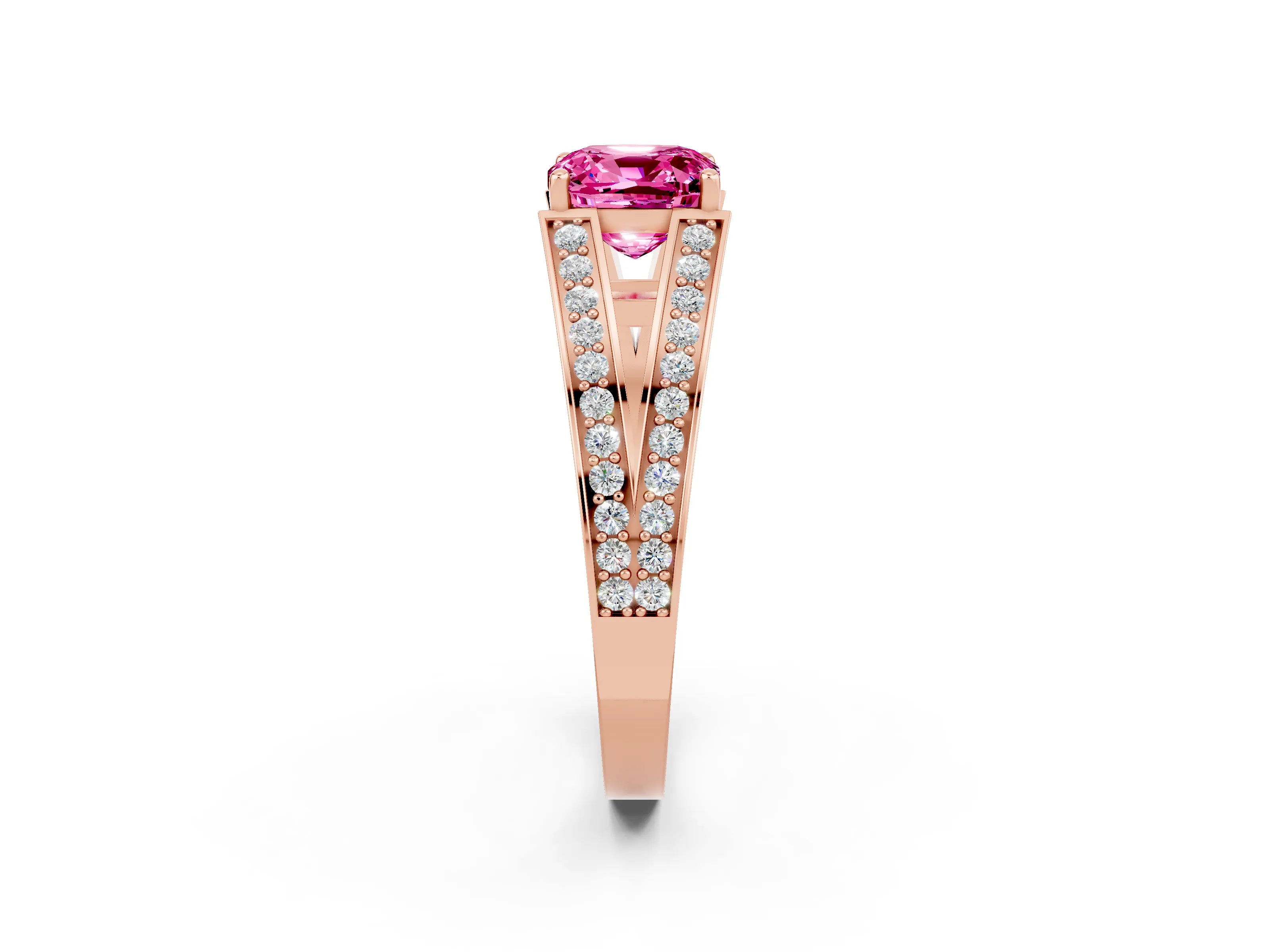 Rose gold Cushion Cut Pink Sapphire Split Shank Ring with Pavé Band and Four-Prong Setting_2