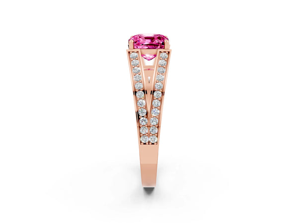Rose gold Cushion Cut Pink Sapphire Split Shank Ring with Pavé Band and Four-Prong Setting
