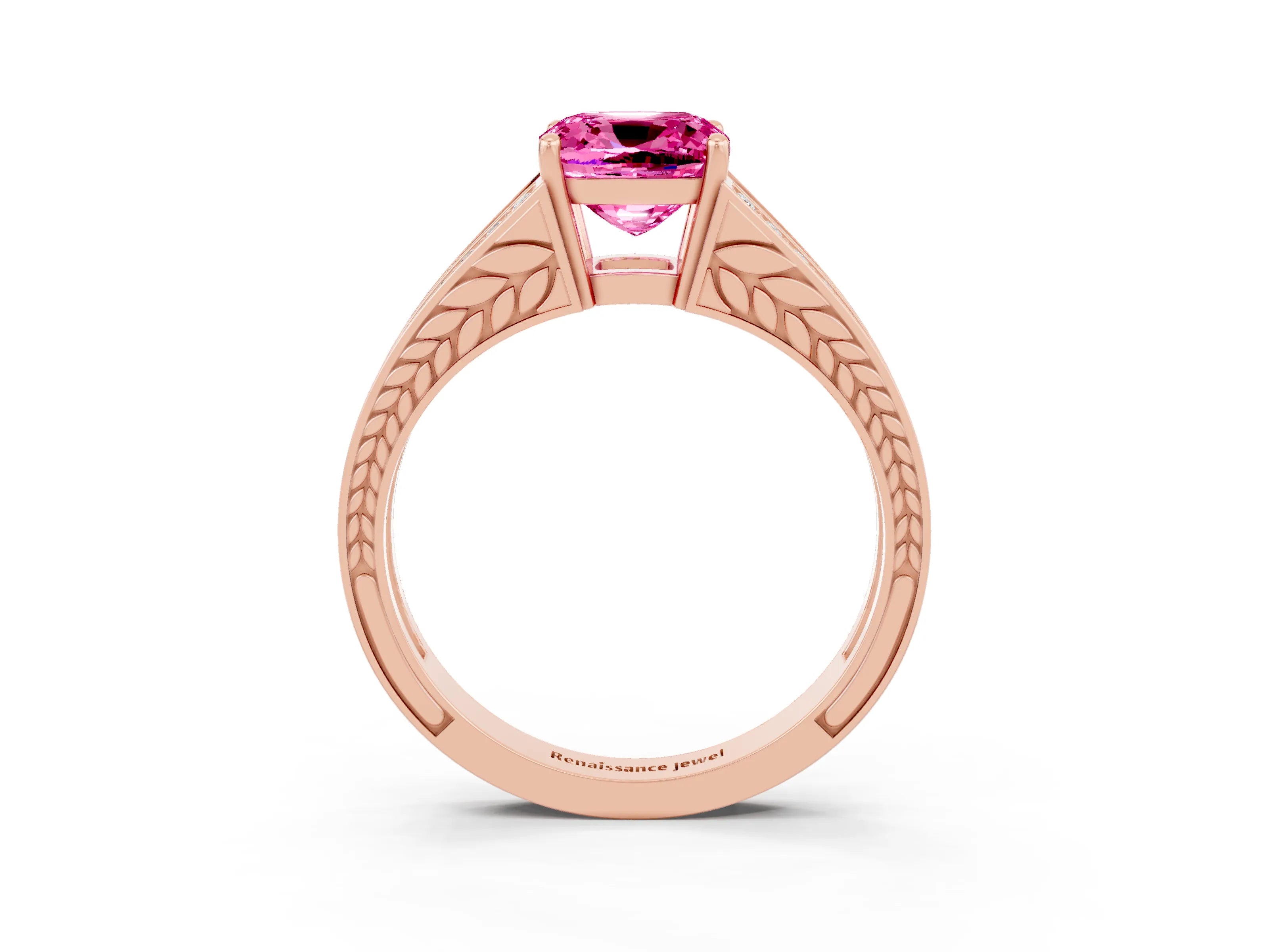Rose gold Cushion Cut Pink Sapphire Split Shank Ring with Pavé Band and Four-Prong Setting_3
