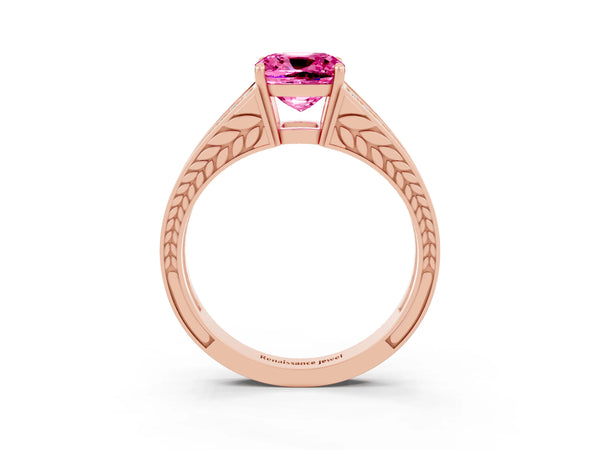 Rose gold Cushion Cut Pink Sapphire Split Shank Ring with Pavé Band and Four-Prong Setting