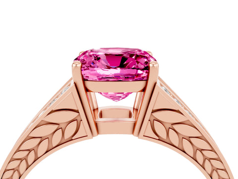Rose gold Cushion Cut Pink Sapphire Split Shank Ring with Pavé Band and Four-Prong Setting_4