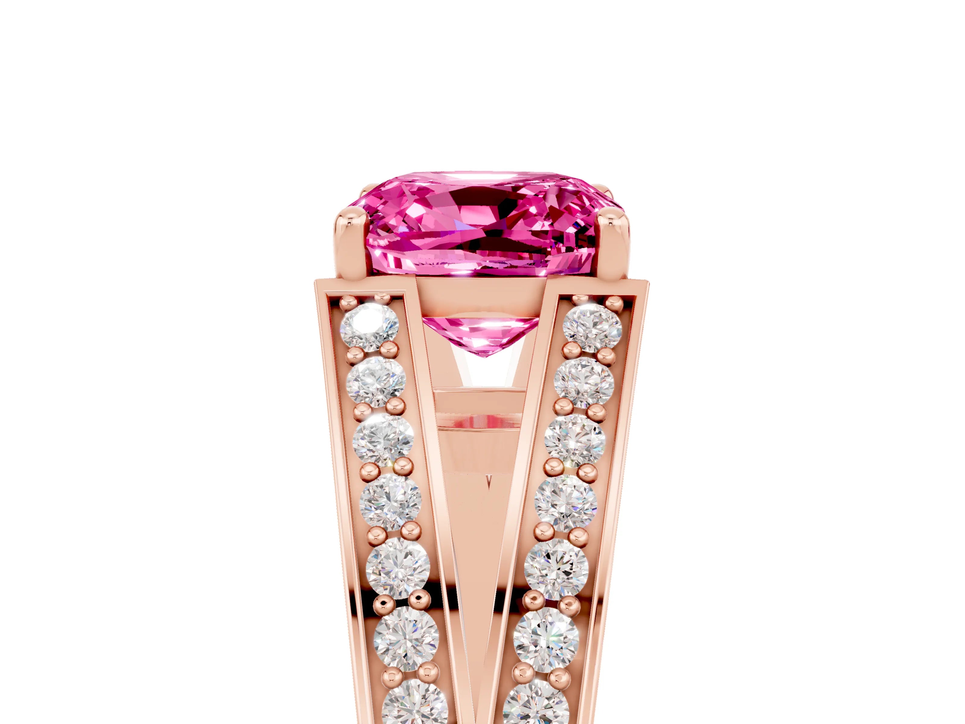 Rose gold Cushion Cut Pink Sapphire Split Shank Ring with Pavé Band and Four-Prong Setting_5
