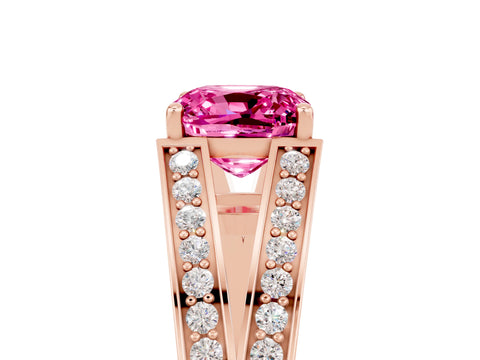 Rose gold Cushion Cut Pink Sapphire Split Shank Ring with Pavé Band and Four-Prong Setting_5