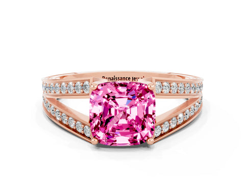 Rose gold Cushion Cut Pink Sapphire Split Shank Ring with Pavé Band and Four-Prong Setting