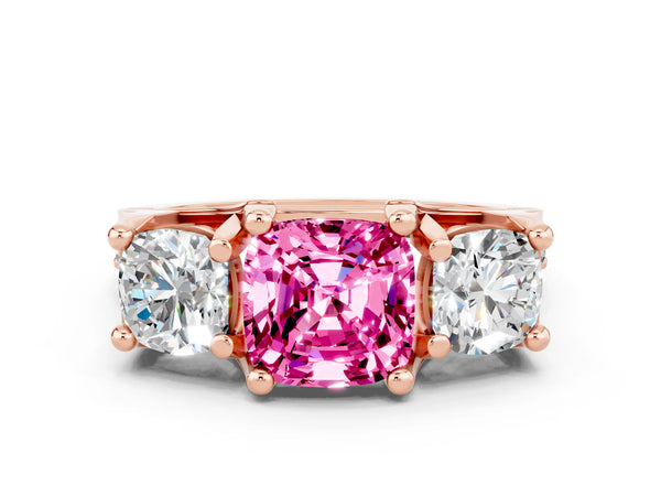 Rose gold Cushion Cut Pink Sapphire Three-Stone Ring with Channel Set Band and Four-Prong Setting