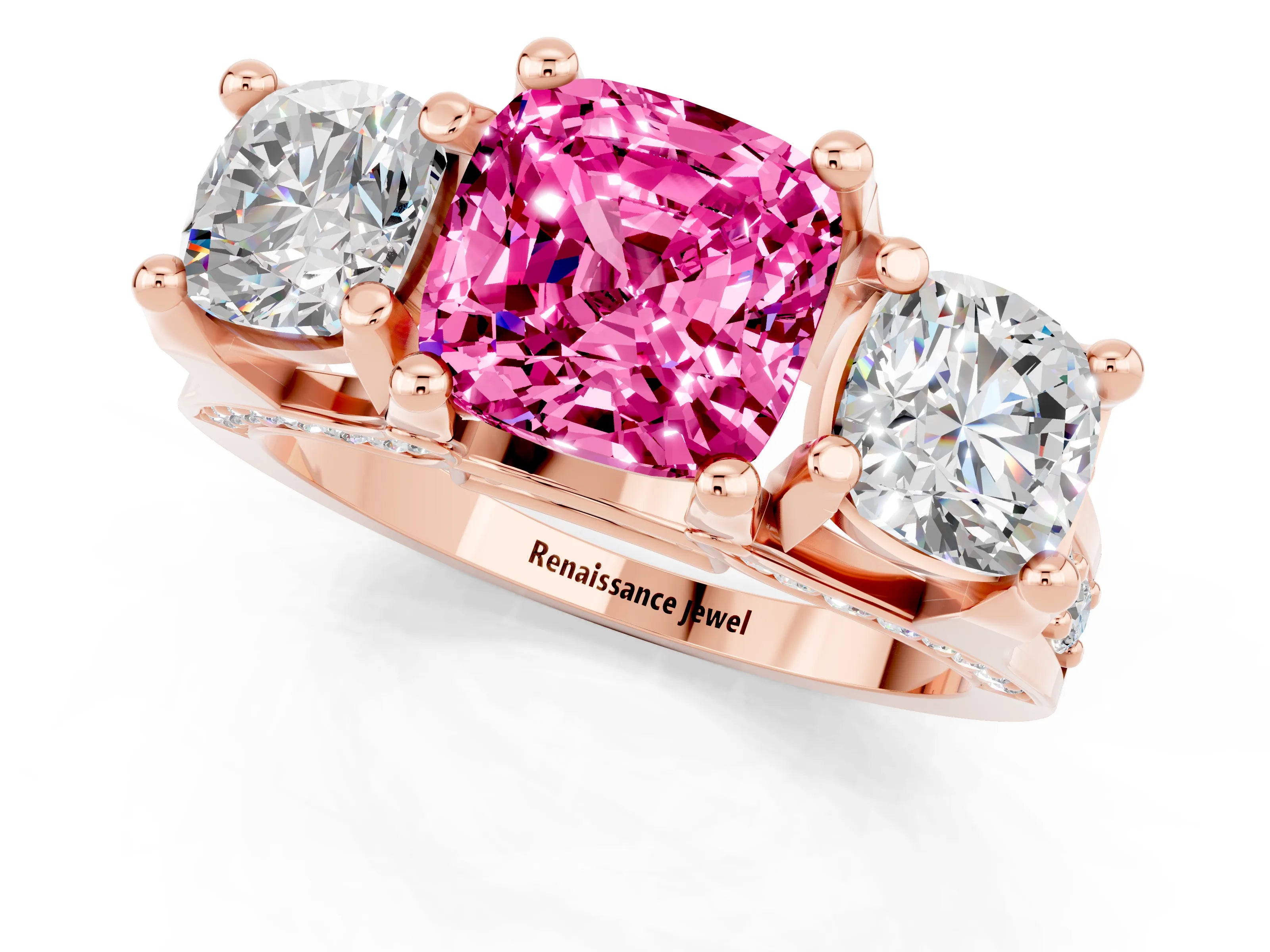 Rose gold Cushion Cut Pink Sapphire Three-Stone Ring with Channel Set Band and Four-Prong Setting_1