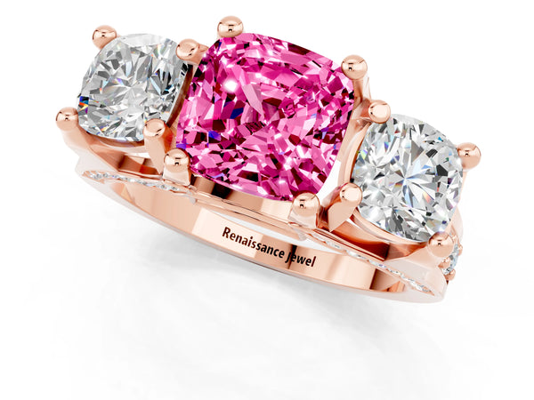 Rose gold Cushion Cut Pink Sapphire Three-Stone Ring with Channel Set Band and Four-Prong Setting