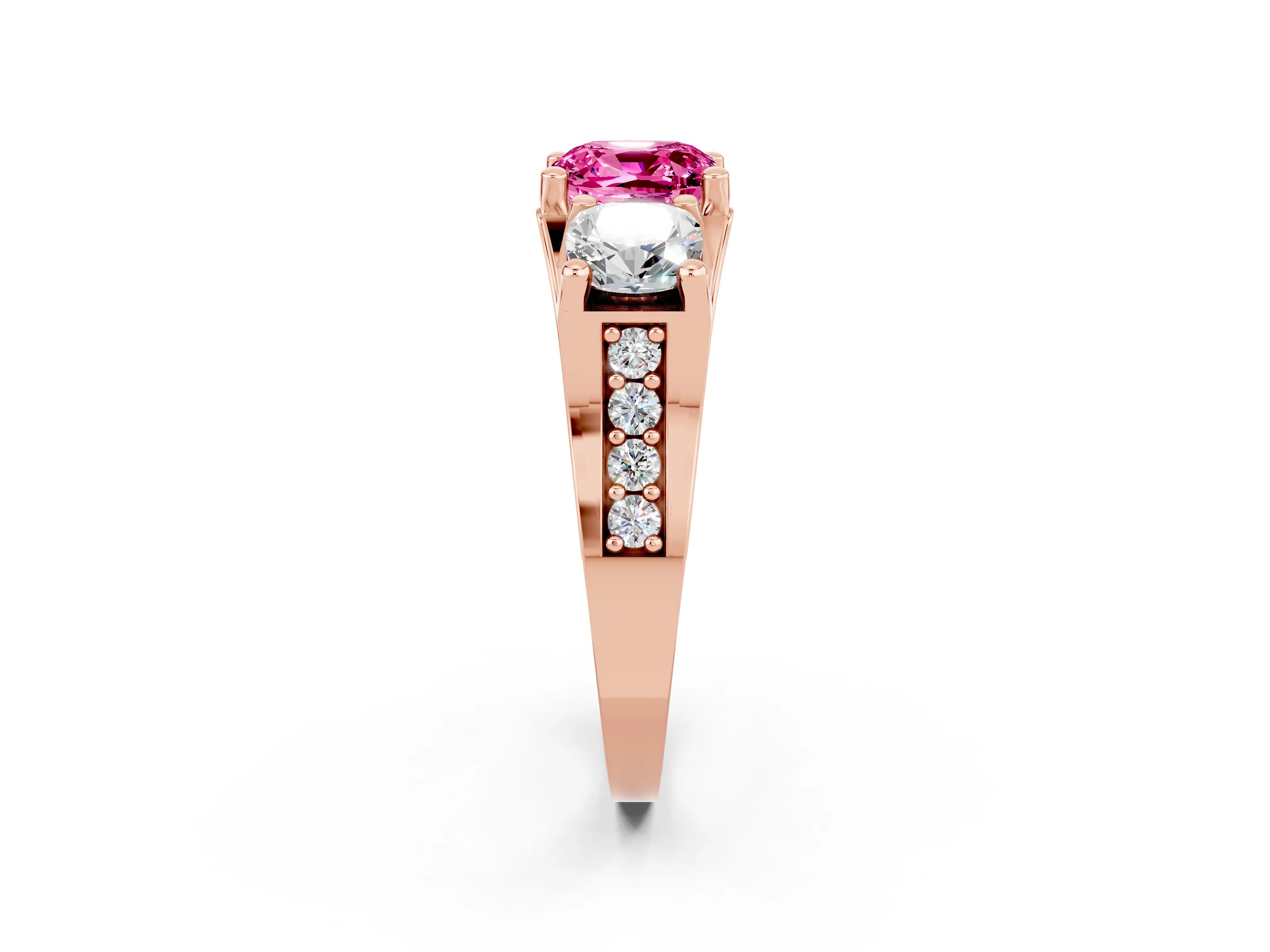Rose gold Cushion Cut Pink Sapphire Three-Stone Ring with Channel Set Band and Four-Prong Setting_2