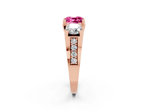 Rose gold Cushion Cut Pink Sapphire Three-Stone Ring with Channel Set Band and Four-Prong Setting