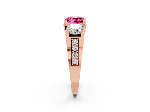 Rose gold Cushion Cut Pink Sapphire Three-Stone Ring with Channel Set Band and Four-Prong Setting_2
