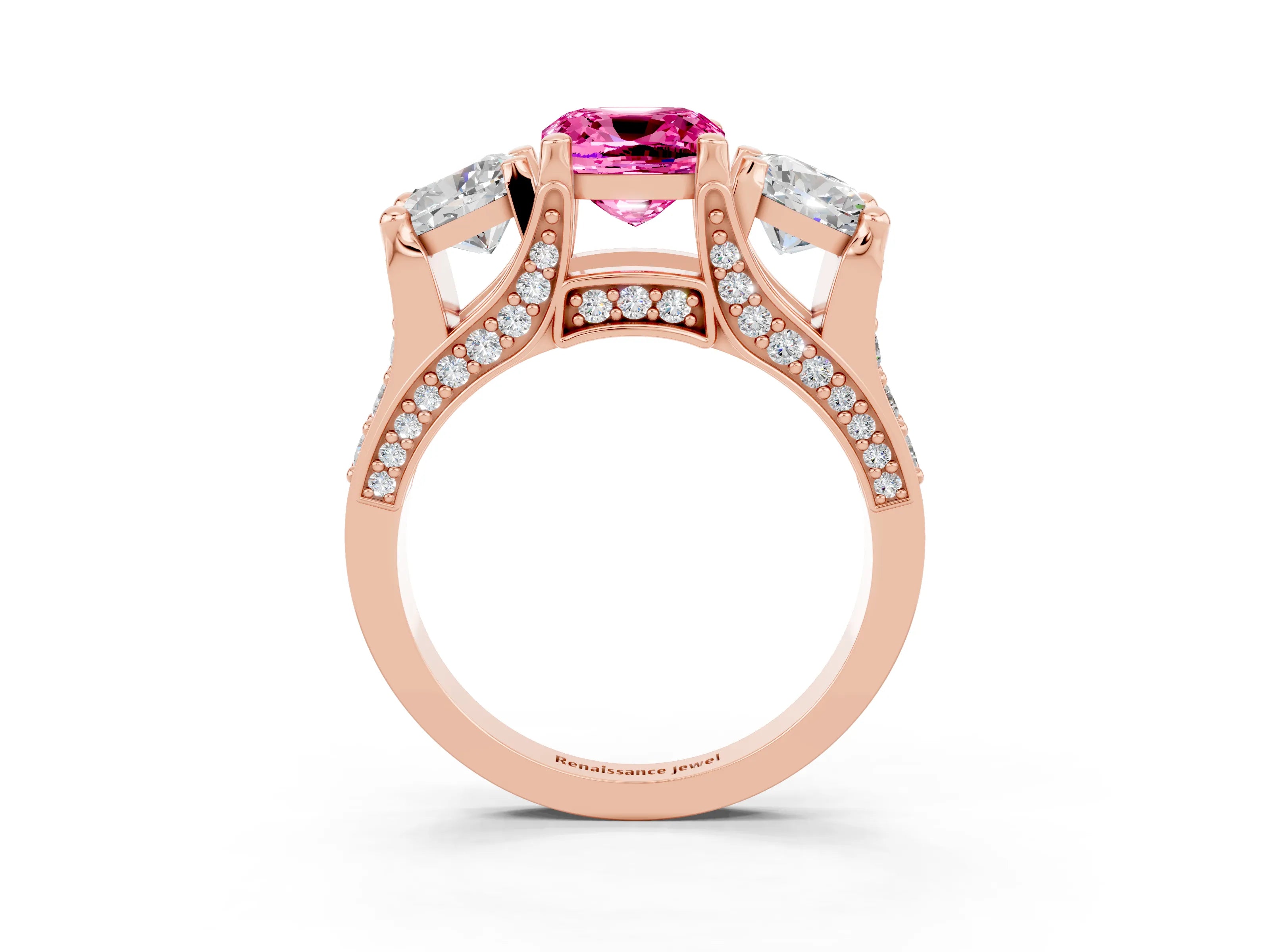 Rose gold Cushion Cut Pink Sapphire Three-Stone Ring with Channel Set Band and Four-Prong Setting_3