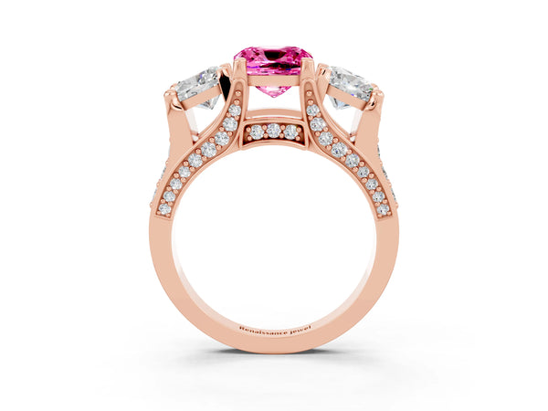 Rose gold Cushion Cut Pink Sapphire Three-Stone Ring with Channel Set Band and Four-Prong Setting