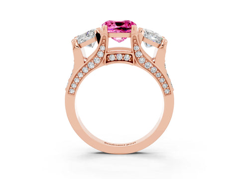 Rose gold Cushion Cut Pink Sapphire Three-Stone Ring with Channel Set Band and Four-Prong Setting_3