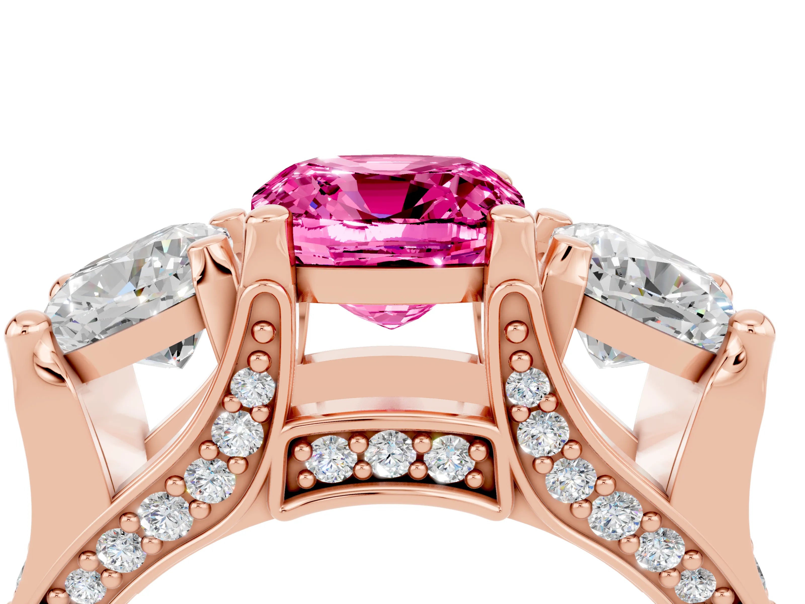 Rose gold Cushion Cut Pink Sapphire Three-Stone Ring with Channel Set Band and Four-Prong Setting_4