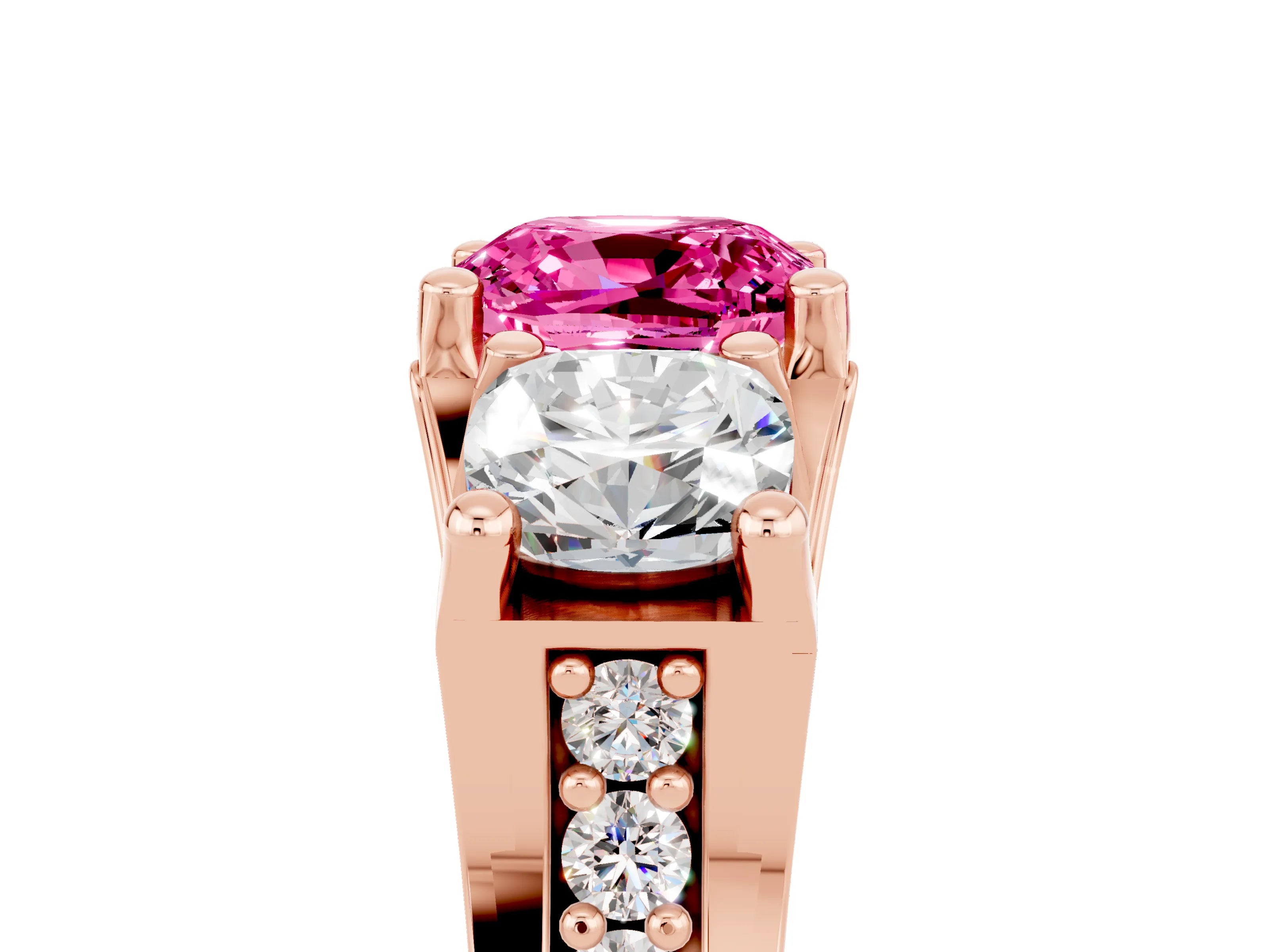Rose gold Cushion Cut Pink Sapphire Three-Stone Ring with Channel Set Band and Four-Prong Setting_5