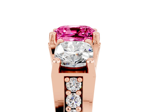 Rose gold Cushion Cut Pink Sapphire Three-Stone Ring with Channel Set Band and Four-Prong Setting_5