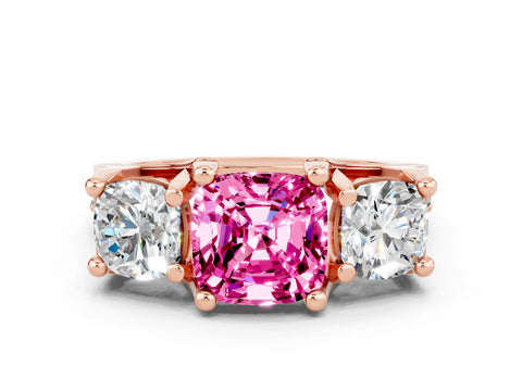 Rose gold Cushion Cut Pink Sapphire Three-Stone Ring with Channel Set Band and Four-Prong Setting