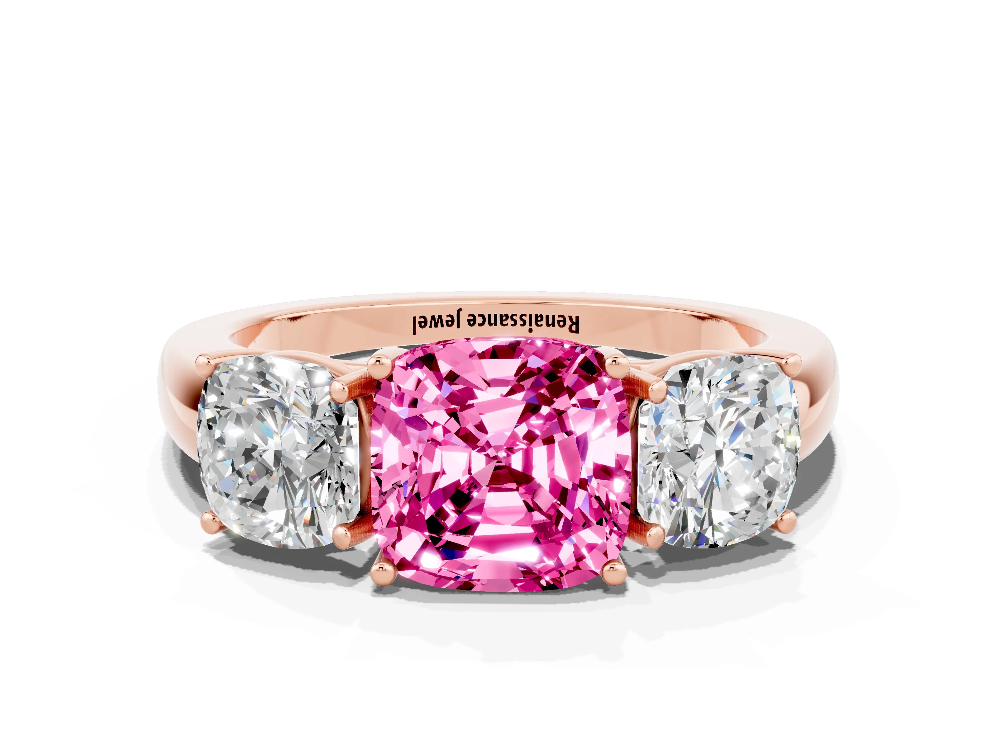 Rose gold Cushion Cut Pink Sapphire Three-Stone Ring with Four-Prong Setting and Classic Band
