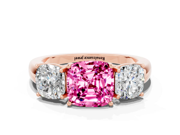 Rose gold Cushion Cut Pink Sapphire Three-Stone Ring with Four-Prong Setting and Classic Band