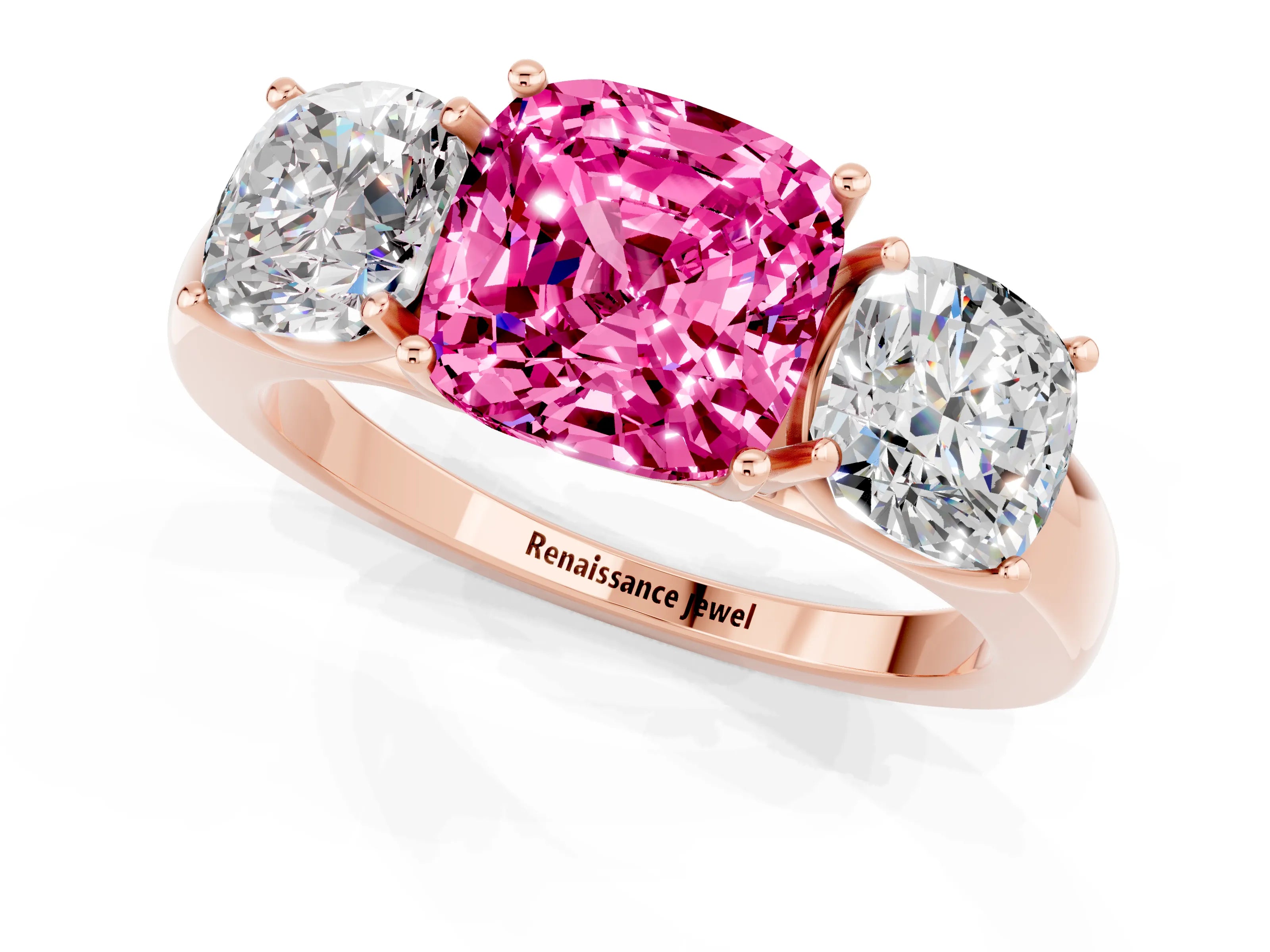 Rose gold Cushion Cut Pink Sapphire Three-Stone Ring with Four-Prong Setting and Classic Band_1