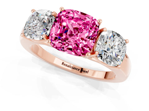 Rose gold Cushion Cut Pink Sapphire Three-Stone Ring with Four-Prong Setting and Classic Band_1