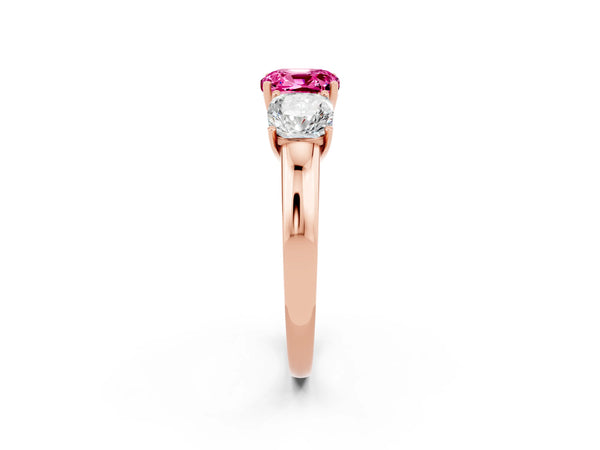 Rose gold Cushion Cut Pink Sapphire Three-Stone Ring with Four-Prong Setting and Classic Band