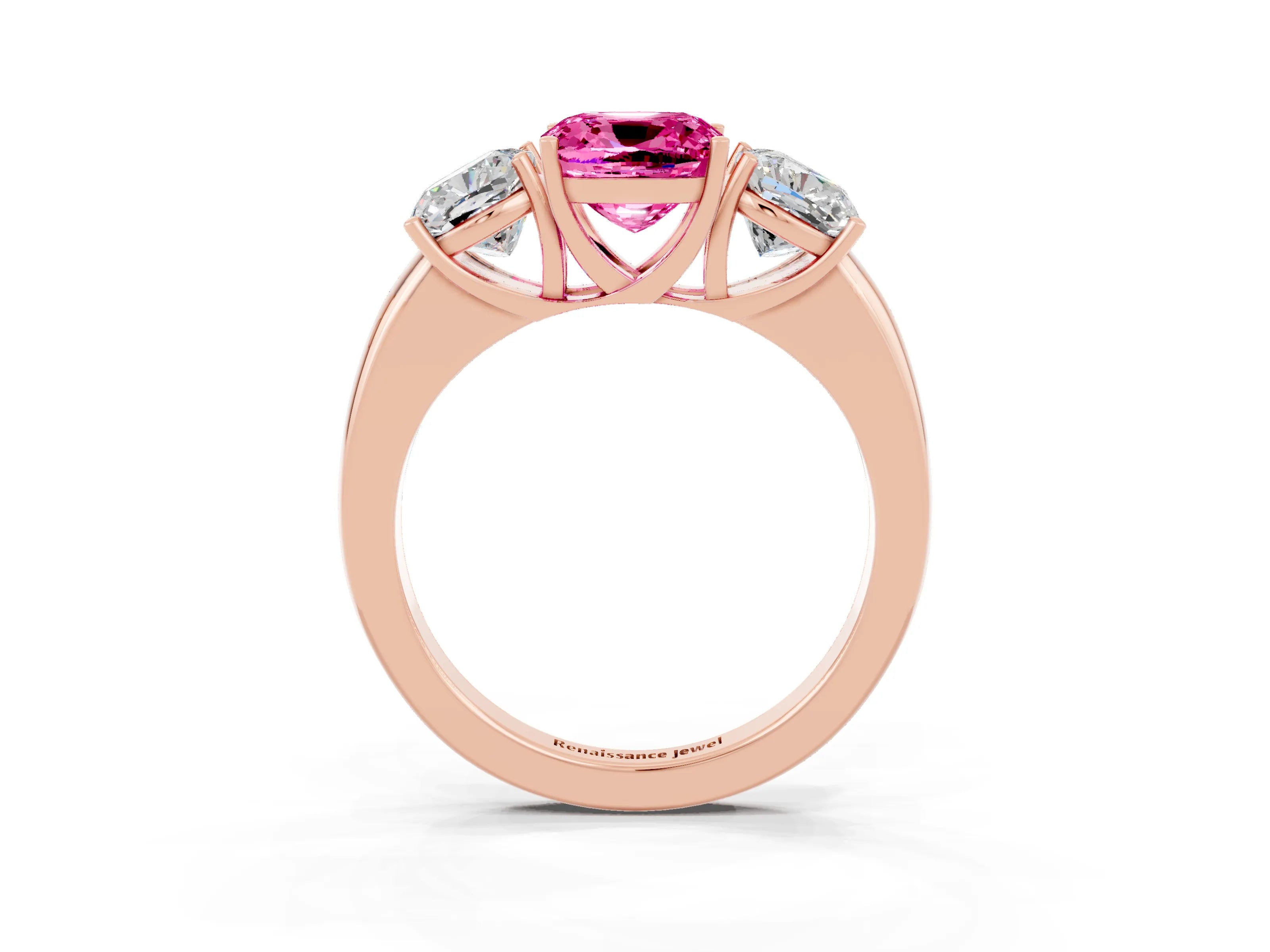 Rose gold Cushion Cut Pink Sapphire Three-Stone Ring with Four-Prong Setting and Classic Band_3