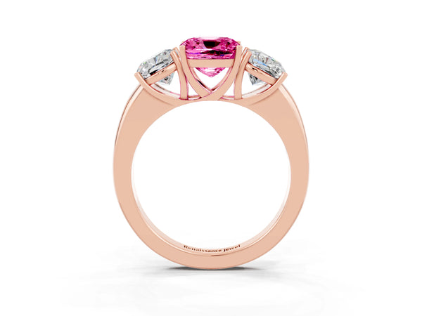 Rose gold Cushion Cut Pink Sapphire Three-Stone Ring with Four-Prong Setting and Classic Band