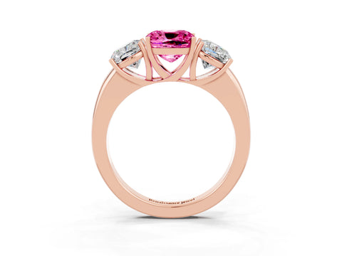 Rose gold Cushion Cut Pink Sapphire Three-Stone Ring with Four-Prong Setting and Classic Band_3