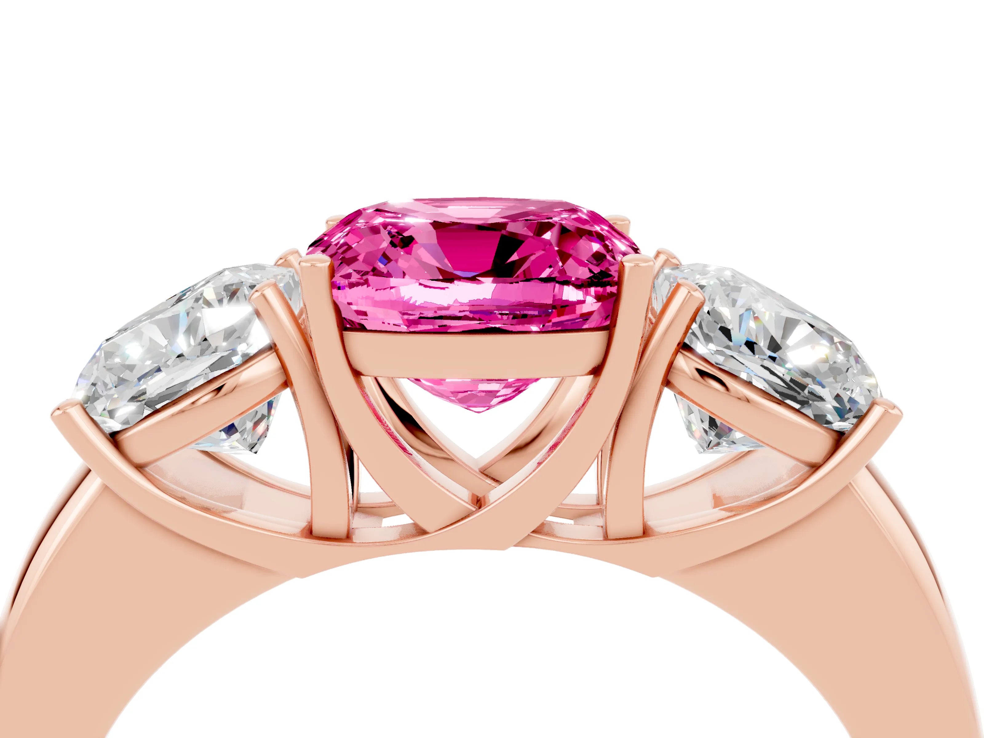 Rose gold Cushion Cut Pink Sapphire Three-Stone Ring with Four-Prong Setting and Classic Band_4