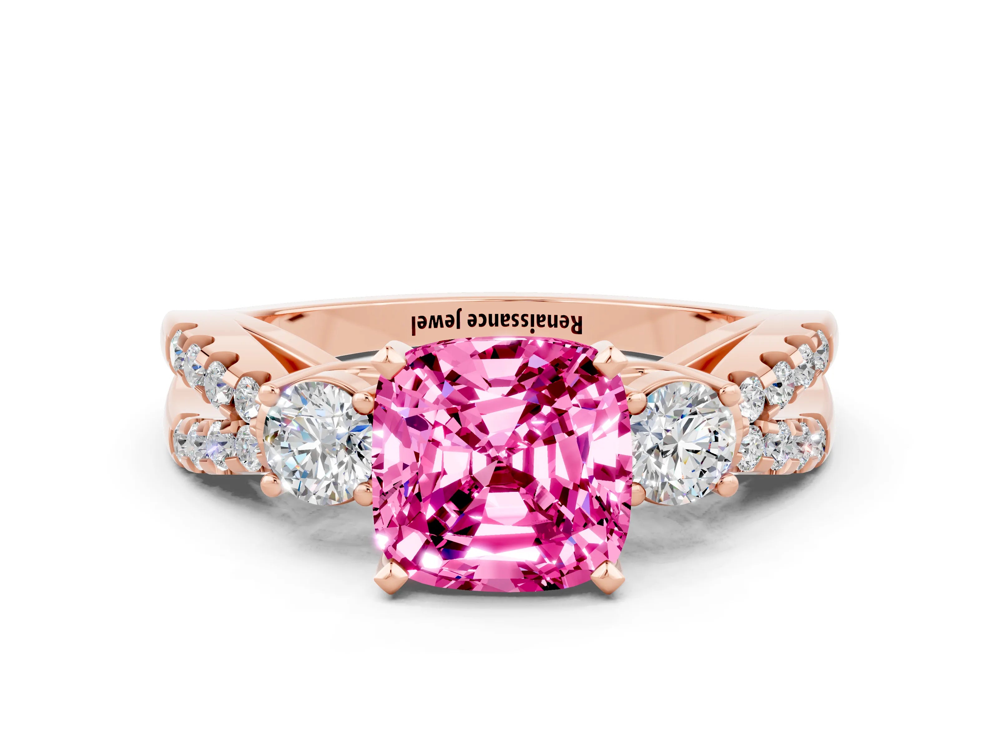 Rose gold Cushion Cut Pink Sapphire Three-Stone Ring with Pavé Split Shank and Four-Prong Setting_36